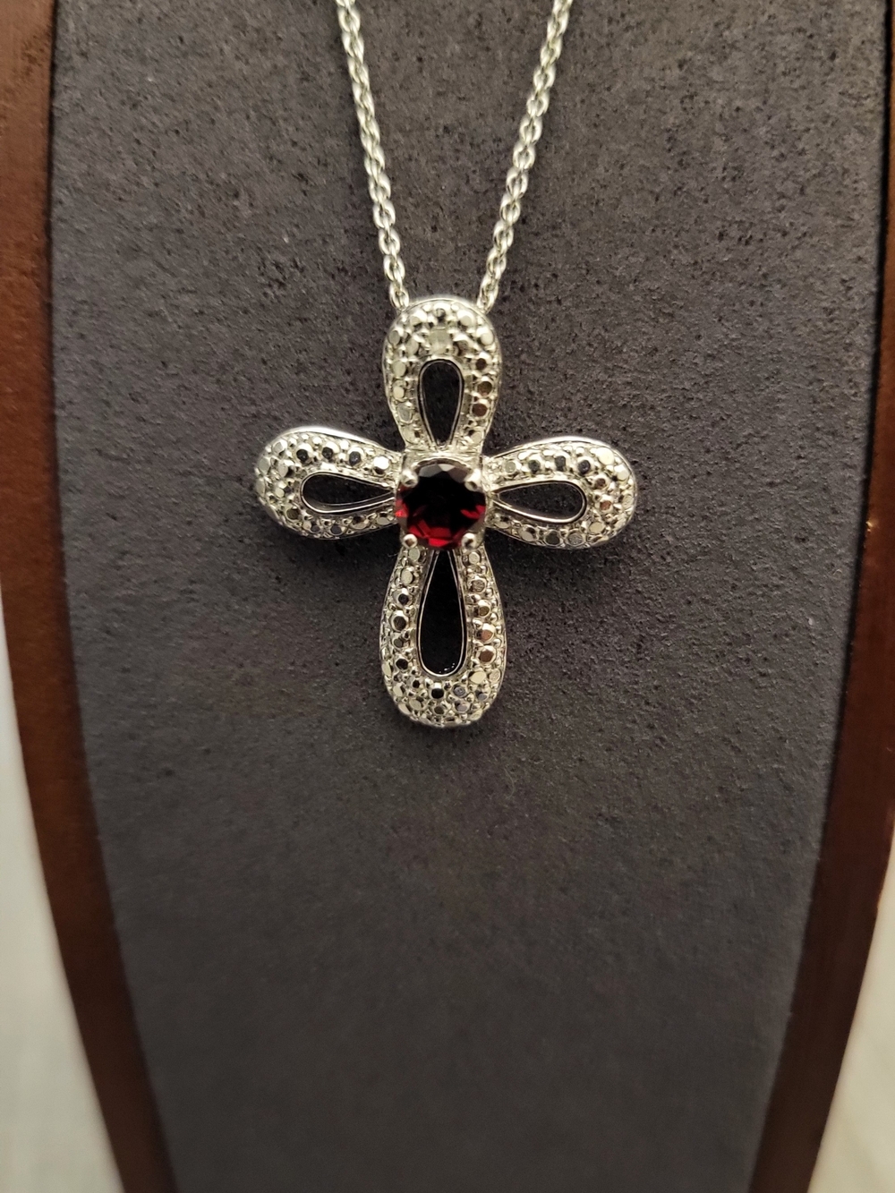 Sterling 925 Silver Cross Pendant Necklace with Garnet Red Center Stone